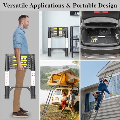 Image of Telescoping Ladder, 8.5 FT 330 Lbs Aluminum Extension Ladder, Black | Telescopic, Collapsible & Adjustable, Compact Retractable Ladder for House, Roof, RV & Travel Trailer
