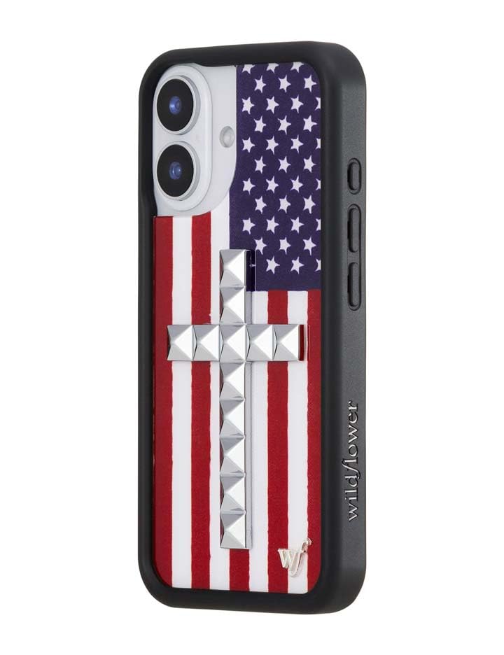 Image of Wildflower Cases - Compatible with iPhone 16 | Protective Black Bumper, 6.5ft Drop Test Certified, Women Owned Small Business | Stud Cross American Flag