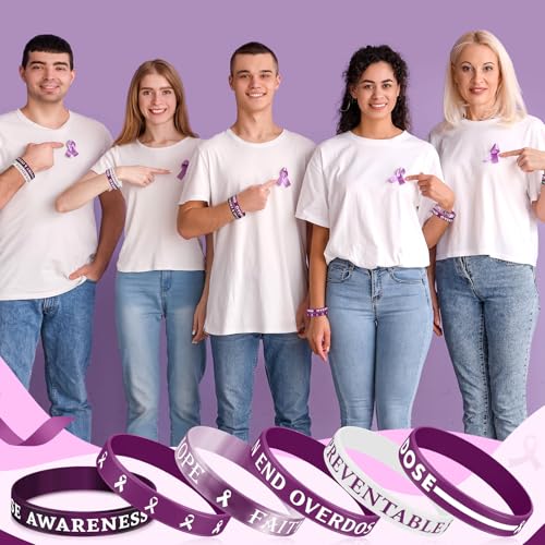 Image of Landical 120 Pcs Overdose Awareness Silicone Bracelets Purple Ribbon Motivational Rubber Wristbands Colored Overdose Awarenesswristbands for Event Support Charity Supplies Favor