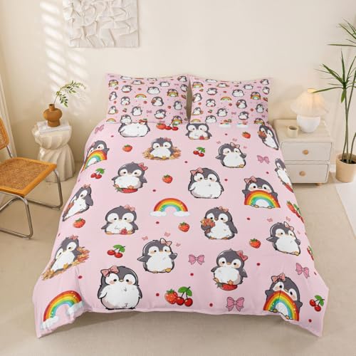 Loussiesd Pingouin Housse de Couette 220x240cm Pingouins Parure de Lit animé Noeud Papillon Pingouin Literie Microfibre Cherry Fraise Arc-en-Ciel Parure de Lit 2 Personnes avec 2 Taies d'oreiller