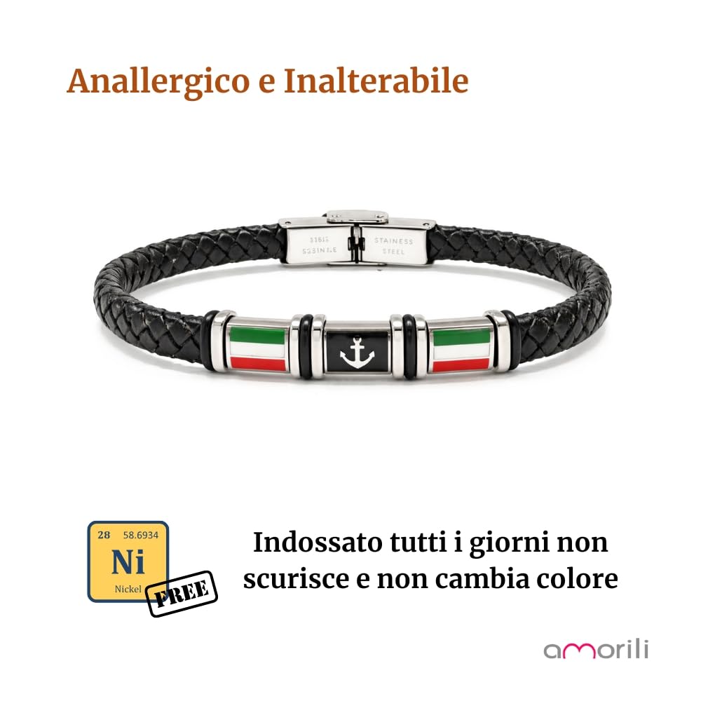 Bracciale Ancora Uomo con Bandiera Italiana in Acciaio Inox e Pelle Intrecciata – Gioiello Maschile Stile Nautico – Accessorio Resistente – Idea Regalo Uomo