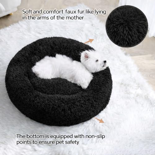 Image of ZEXSAZONE Plush Donut Dog Bed for Dogs & Cats | Soft Calming Anti-Anxiety Pet Bed | Warm Cozy Winter Dog Bed for Puppies | Washable Round Bed (Black Small)