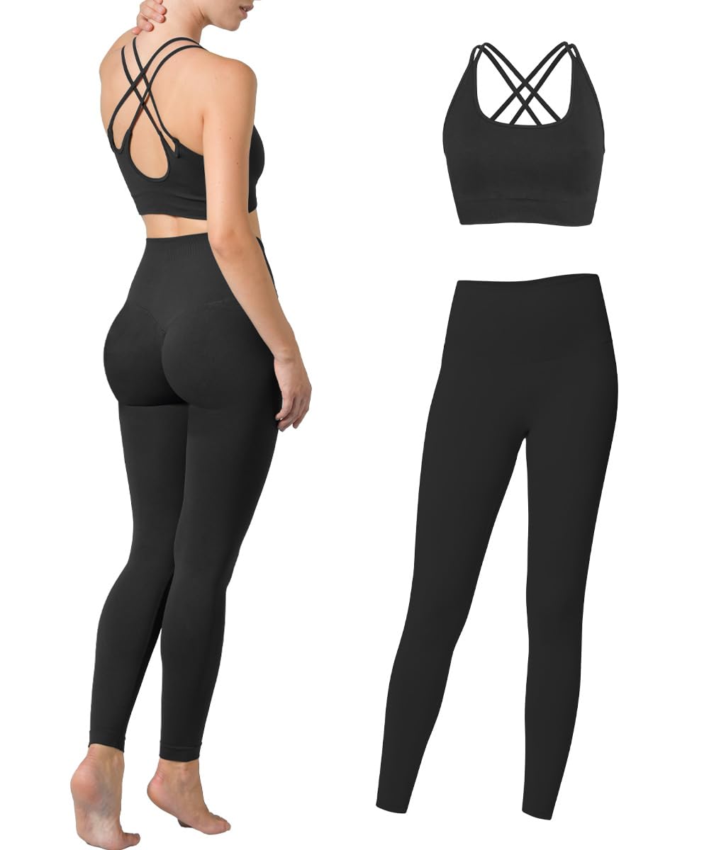 Risalti Damskie legginsy push-up Sculpt - damskie legginsy sportowe, bezszwowe legginsy damskie z wysokim stanem, letnie spodnie do jogi i fitnessu, 100% wyprodukowane we Włoszech, Czarny zestaw, L-XL