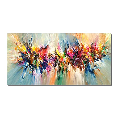 Peinture paysage sur toile de maître abstrait coloré œuvre murale salon grand format 70x140cm