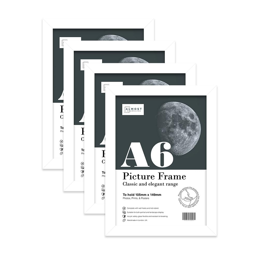 Almost Frameless A6 White Picture Frame Set of 4, Display A6 Picture Gallery Wall, Poster, Photo, Artwork, or Print, Yellow