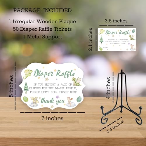 Image of 5x7 Inch Diaper Raffle Wooden Sign & 50 Diaper Raffle Tickets for Baby Shower - Watercolor Dragon Wooden Sign Baby Shower Decorations, Announcement, Gender Reveal Parties Game Set - A09