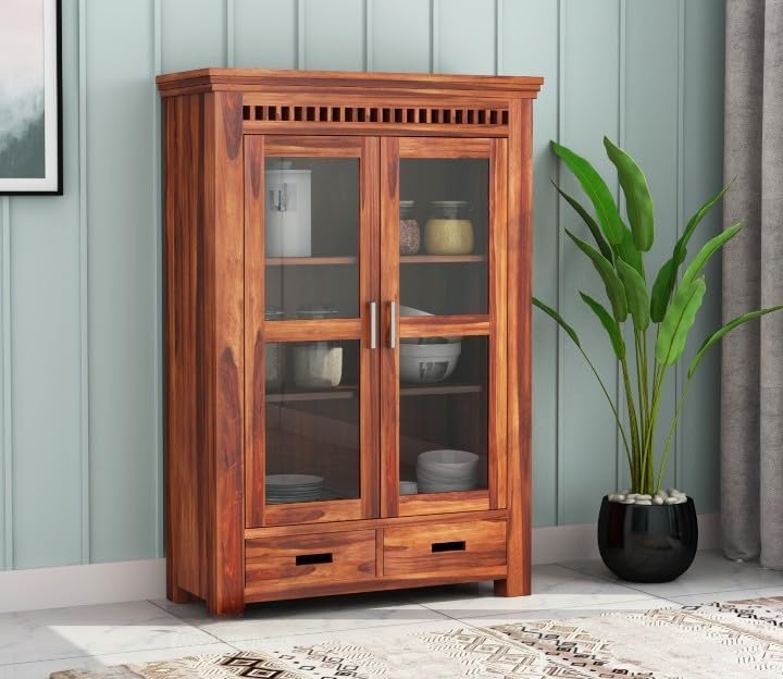 Solid Wooden Crockery Unit for Kitchen & Dining Room |sheesham Wood Free Standing | Crockery Unit with Drawers & Door Storage with Glass-picture-17