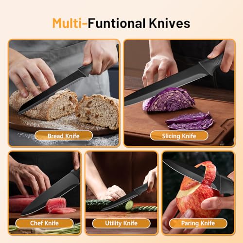 Miniatura 5 de Vinato Juego De Cuchillos De Cocina, De 7 Piezas Con Bloque Y Afilador De Cuchillos Integrado, Set Cuchillos Cocina Con 5 Cuchillos Diferentes Y 1 Par De Tijeras, Negro