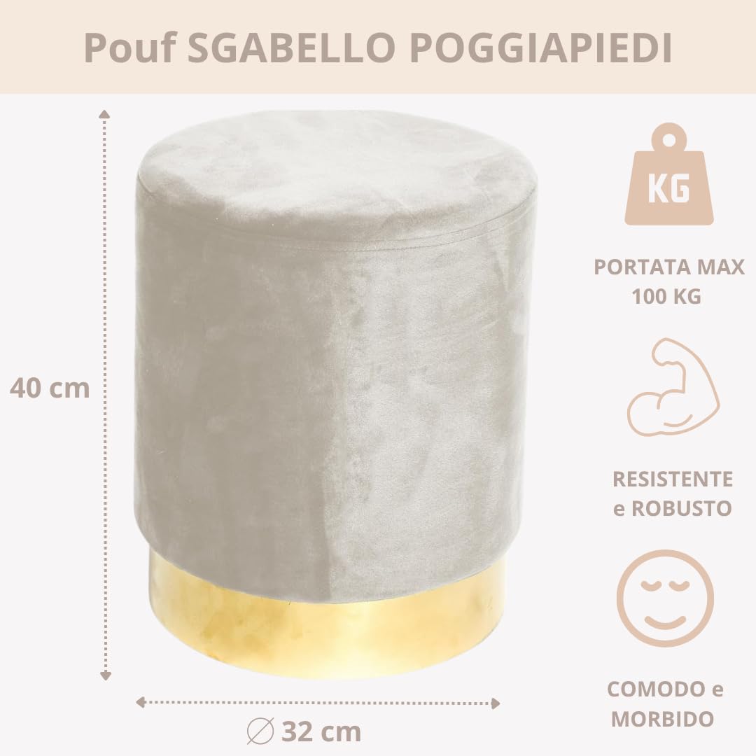 Tata Home Pouf Sgabello Cilindrico Velluto con Anello Dorato per Salotto o Camera Cameretta Pouff Poggiapiedi di Design Moderno (Beige)