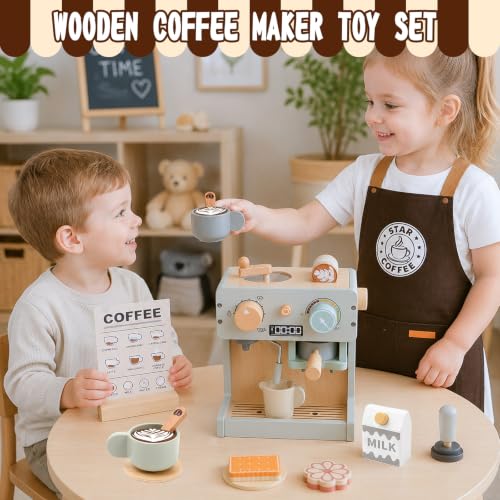 Toy Coffee Maker for Kids Wooden Coffee Playset with Grinder, Realistic Pretend Play Kitchen Accessories Montessori Learning Toys Birthday Gifts