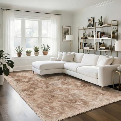 Mottled Beige 5x8 Area Rugs for Living Room, Fluffy Shag Rug Bedroom Carpet