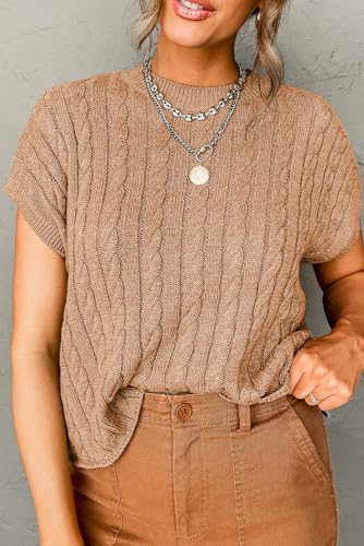 Women's Elegant Light French Beige Cable Knit Short Sleeve Sweater2