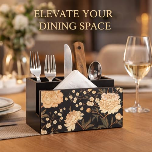 Image of Reinvention Factory Black Flower Wooden Cutlery Holder for Dining Table | Spoon Stand with Tissue Holder | MDF Cutlery Organizer for Spoon Fork Knife Napkin | 7 x 4.5 x 4 Inch