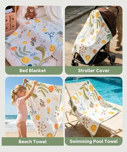 Image of SMILEYWORLD Kids Hooded Beach Towels, 45 inch x 45 inch Large Oversized Bath Towels, 100% Cotton Toddlers Swimming Pool Towels, Absorbent Six-Layer Gauze Quick Dry Wrap for Boys Girls (Garden Pattern)