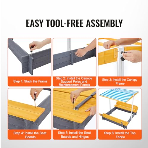 VEVOR Holzsandkasten mit Überdachung, Sandkasten, Sandgrube mit klappbaren Sitzbänken und Bodeneinlage, Naturholz-Sandkasten für Kinder für den Garten, Geschenk für Kinder im Alter von 3–12 Jahren