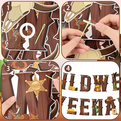 Image of Hooqict Happy Birthday Banner Western Party Decorations Cowboy Banner with Hanging Swirls Ceiling Streamers for Boys Men Western Themed Birthday Decorations Wild West Country Party Supplies
