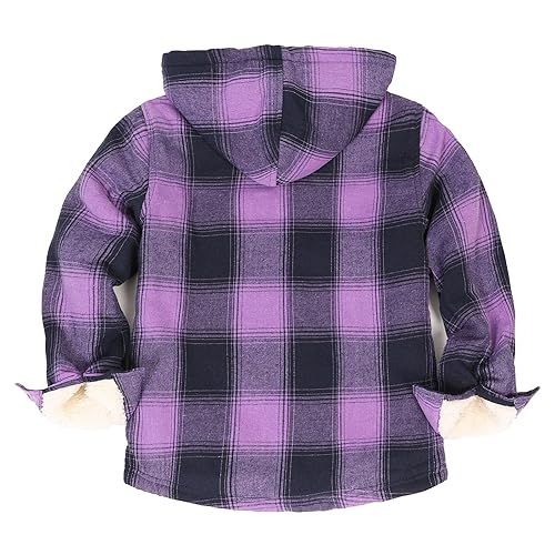 Image of ThCreasa Girls Sherpa Lined Plaid Button Hooded Jacket | Fully Interior Lined, Button Up, Flannel Outer, Family Photo Ready, School To Holiday Events, Fall Winter Shacket With Hood