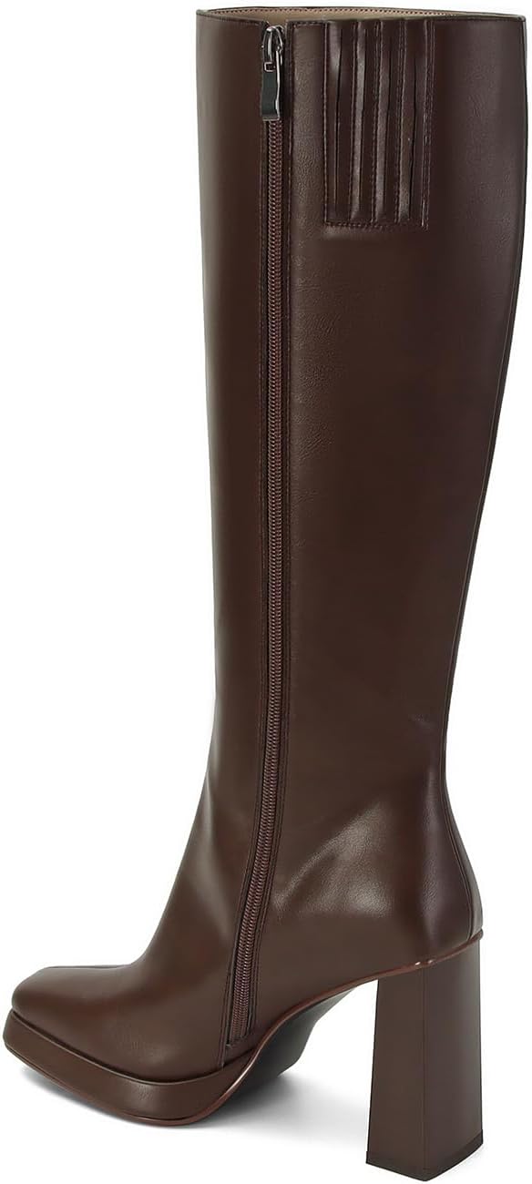 Dsevht Black Leather Knee High Boots for Women Platform Chunky Block Heeled Tall Long Boots Square Toe and Side Zipper Design Fashion Dress 70s Gogo Boot