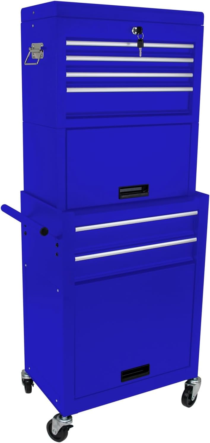 Tool Cabinet on Wheels, 6-Drawer Lockable Rolling Tool Chest w/ 4 Universal Wheels, 2 in 1 Detachable Tool Box Storage Organizer for Garage Workshop Repair Shop,Blue