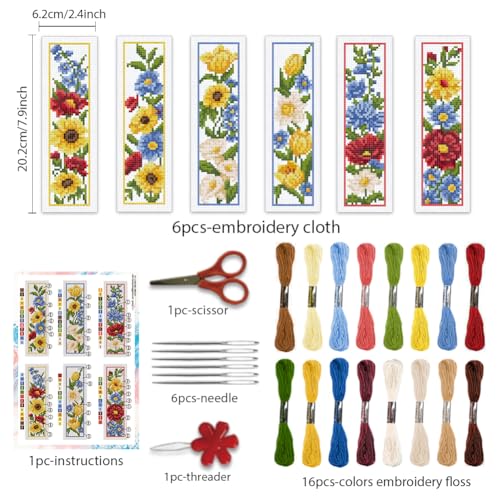 Image of BEUNITONE 6 Pcs Flowers Cross Stitch Bookmark Kit for Adults Beginners Vivid Floral DIY Stamped Embroidery Bookmark Punch Needle Kit with Instructions for Book Lovers Reader Writer Gift 8''x2.4''