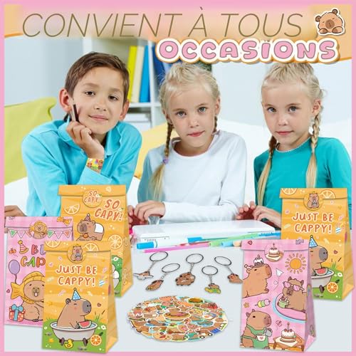 86 PCS Capybara Party Mitgebsel pour Anniversaire Enfant, 12 Sachets Cadeaux Capybara, 50 Autocollants Capybara, 12 Porte-clés Capybara, 12 Bracelets de Fête Capybara, Sacs Cadeaux Capybara – vue 6