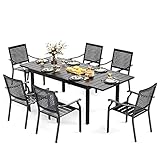 MFSTUDIO 7 Pieces Metal Patio Dining Set,1 Expandable Outdoor Steel Frame Slat Larger Rectangular Table and 6 Stackable Outdoor Metal Mesh Chairs