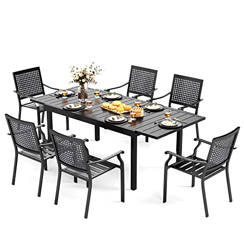 MFSTUDIO 7 Pieces Metal Patio Dining Set,1 Expandable Outdoor Steel Frame Slat Larger Rectangular Table and 6 Stackable Outdoor Metal Mesh Chairs