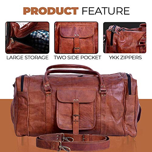Komal's Passion Leather Leather Duffel Bag Large 24 Inch Square Duffel Travel Gym Sports Overnight Weekender Leather Bag for Men and Women