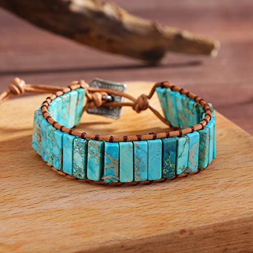 Iuniqueen Leather Chakra Handmade Imperial Jasper Wrap Adjustable Bead Bracelet (Turquoise Blue) #TOP2