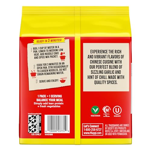 Image of Maggi Chinese Spicy Garlic Noodles, Instant Ramen Noodles, 3 min, Vegetarian, Halal, Kosher, 8-Pack