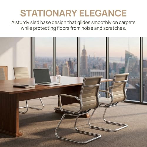 Image of Office Desk Chair No Wheels Set of 4 PU Leather Computer Chairs Mid Back Guest Chairs for School Reception Conference Waiting Room, Light Brown