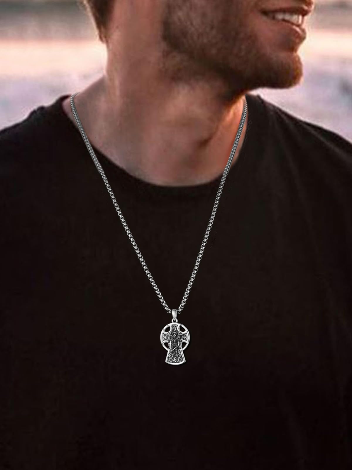 KINGWHYTE Schutzpatron-Anhänger für Männer und Frauen aus 925er Sterlingsilber mit keltischem Kreuz und Kette, Amulett-Anhänger, Schmuckgeschenk für Männer und Frauen mit 2,5 mm 22„+2“ Rolo-Kette