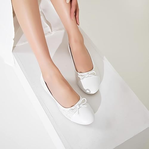 Miniatura 5 de BABUDOG Zapatos planos para mujer con bordado de granada, planos blancos con lazo, cómodos zapatos planos de punta redonda, zapatos de vestir negros