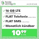 Handytarif handyvertrag.de z.B. LTE All 16 GB – (Flat Internet 16 GB LTE, Flat Telefonie, Flat SMS und Flat EU-Ausland, 10,99 Euro/Monat, monatlich kündbar) oder andere Tarife