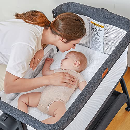 Babybond Baby Bassinet, 3 In 1 Infant & Toddler Cradle With Soft Waterproof Mattress And Skin-Friendly & Breathable Sheet, 6 Height Adjustable, Easy To Assemble Bedside Crib Sleeper, Black+Grey (Y08) #TOP4