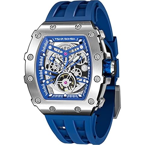 TSAR BOMBA Luxury Mens Automatic Mechanical Watches - Japanese Movement Sapphire Glass - 50M Waterproof Men's Watch - Square Hollow Wrist Watches Silicone Strap Luminous Elegant Gifts for Men Cover