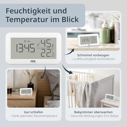 ADE Thermometer mit Luftfeuchtigkeitsmesser innen | digitale Badezimmeruhr mit Temperatur | Feuchtigkeitsmessgerät mit Uhrzeit | Hygrometer für Büro, Kinderzimmer, Schlafzimmer, Bad | Querformat weiß
