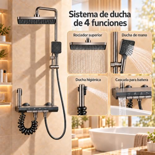 Miniatura 2 de Inex Europa Columna Ducha Negro Gris Titanio Con Cabezal Cuadrado - Columna De Ducha 4 Modos Y Altura Ajustable Cabezal, Chorro, Grifo Y Alcachofa De Ducha 10 Años De Garantía