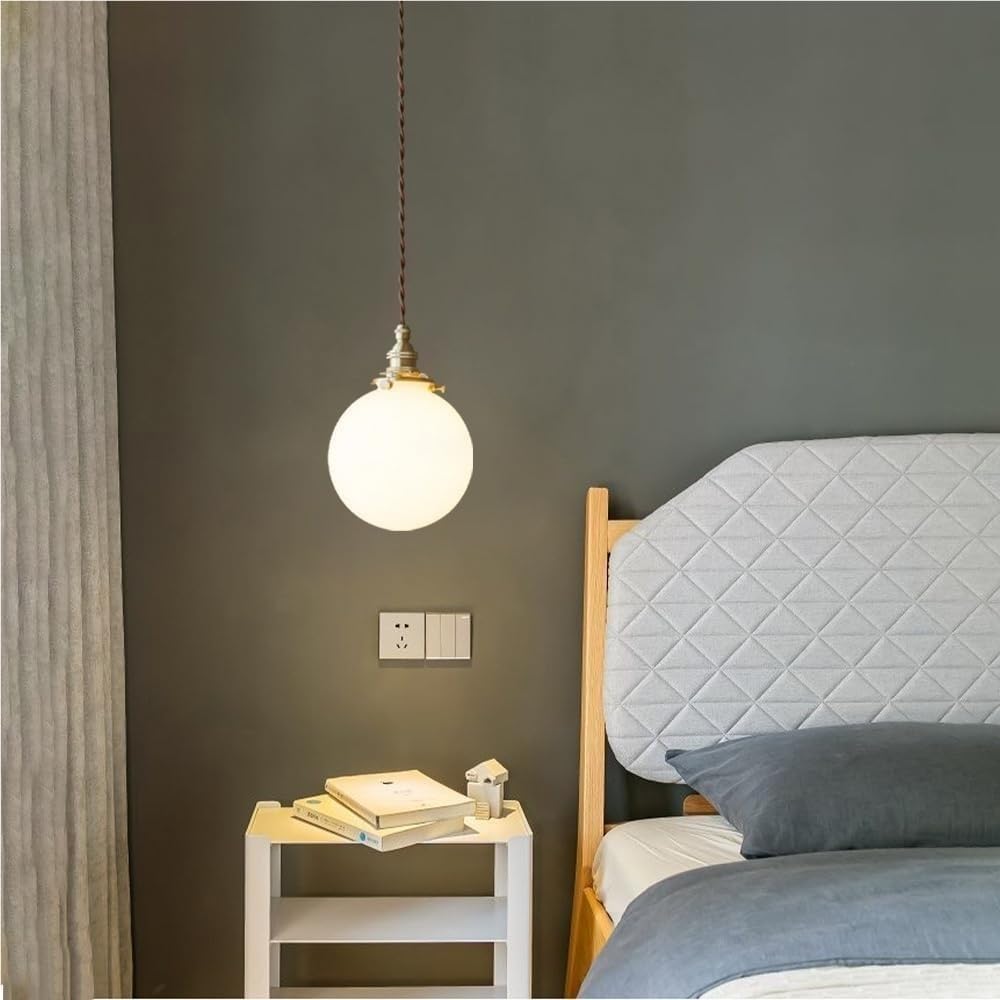 Lampada a sospensione vintage a forma di globo in vetro in ottone, lampada a moderna in bianco metà secolo, da soffitto retrò con cavo regolabile for comodino, isola cucina, sala pranzo, 5,5"