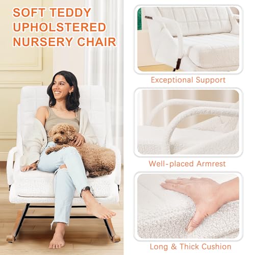 VECELO Rocking Chair Nursery, Larger Size Teddy Fabric Glider Rocker with Padded Cushion, Upholstered Removable High Back, White