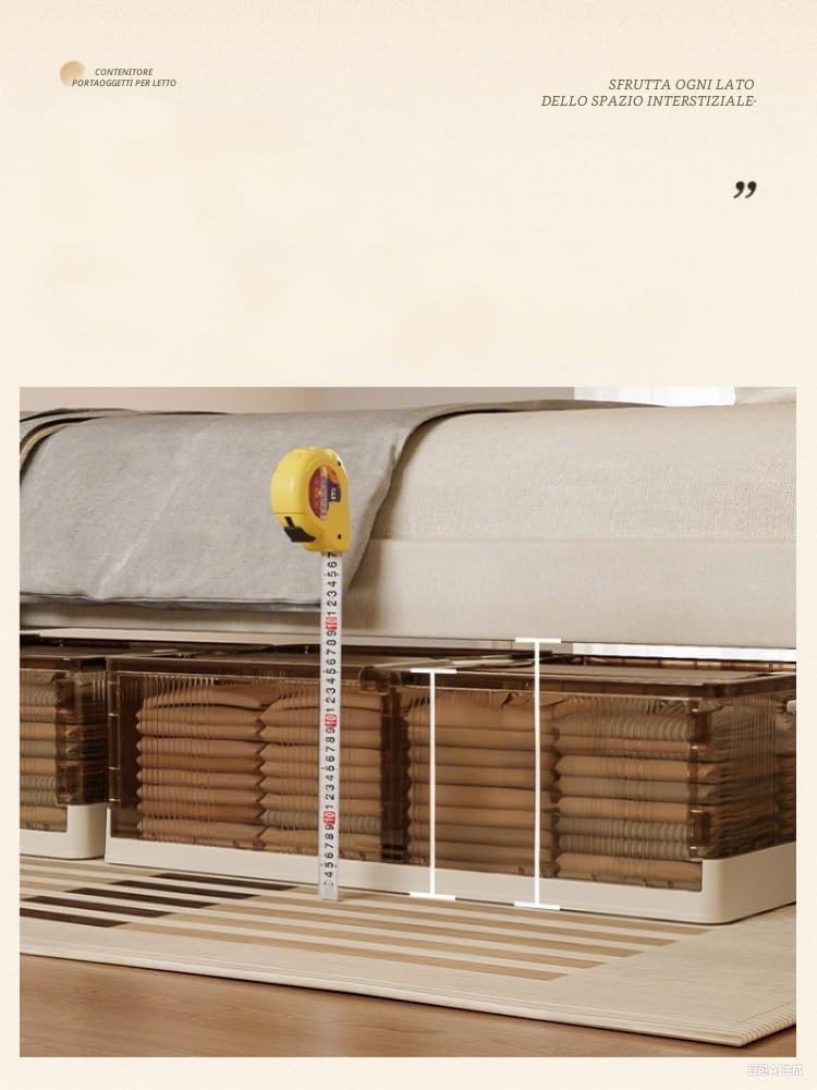 Set di 2 scatole portaoggetti con ruote, pieghevoli, 100 x 25 x 50 cm, con coperchio, colore: bianco trasparente