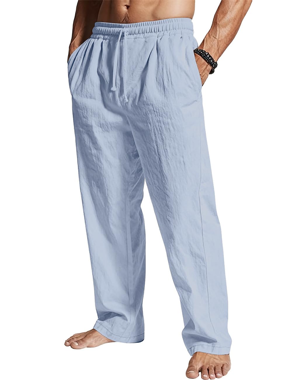 Mens Casual Linen Pants Loose Fit Drawstring Waist Lightweight Linen Trousers Summer Yoga Beach Long Pants