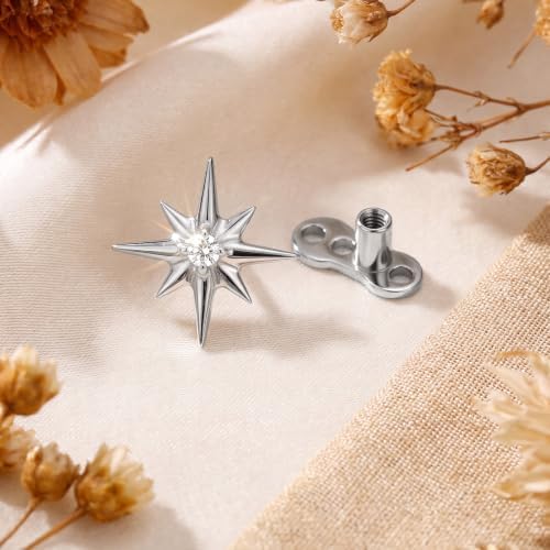 NoctisNest G23 Titanium Dermal Jewelry, 14G Dermal Piercing Hypoallergenic Skin Surface Piercing Anchor Micro Dermal Tops and Base with Silver Star Cubic Zirconia, Body Piercings Jewelry for Women Men — view 4