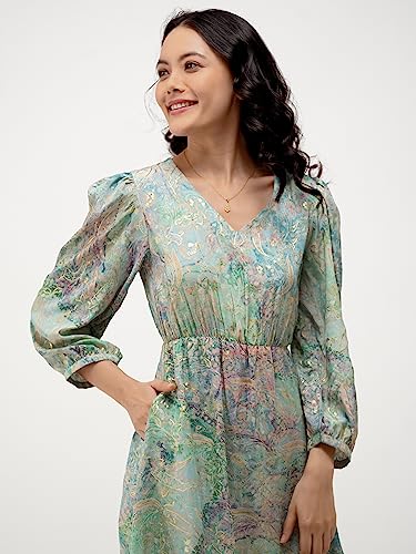 Image of AASK Abstract Printed Puff Sleeve Gathered Detailed Fit Flare Dress