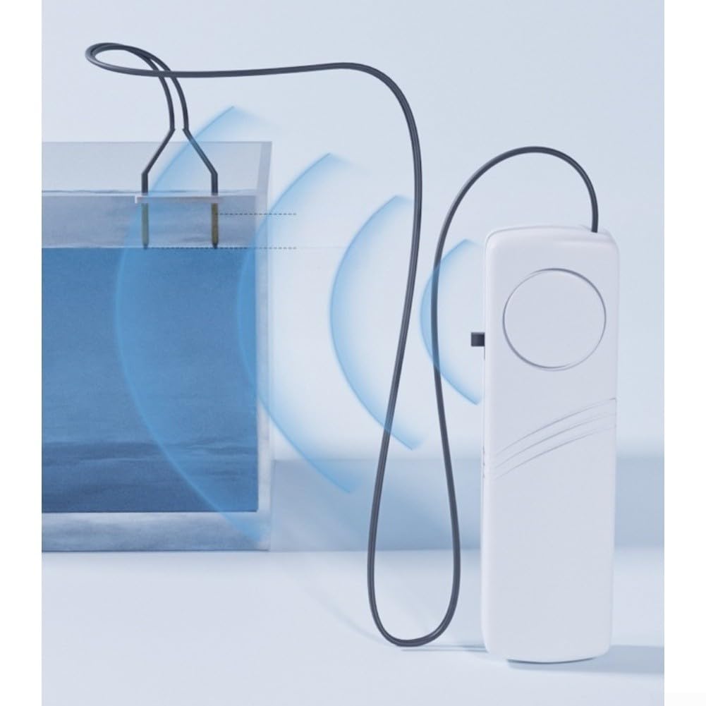 Allarme di livello dell'acqua per acquario, serbatoio, piscine, sistemi idrici, rilevazione sonda in rame e funzionamento a batteria, suono da 100 dB (pieno d'acqua)