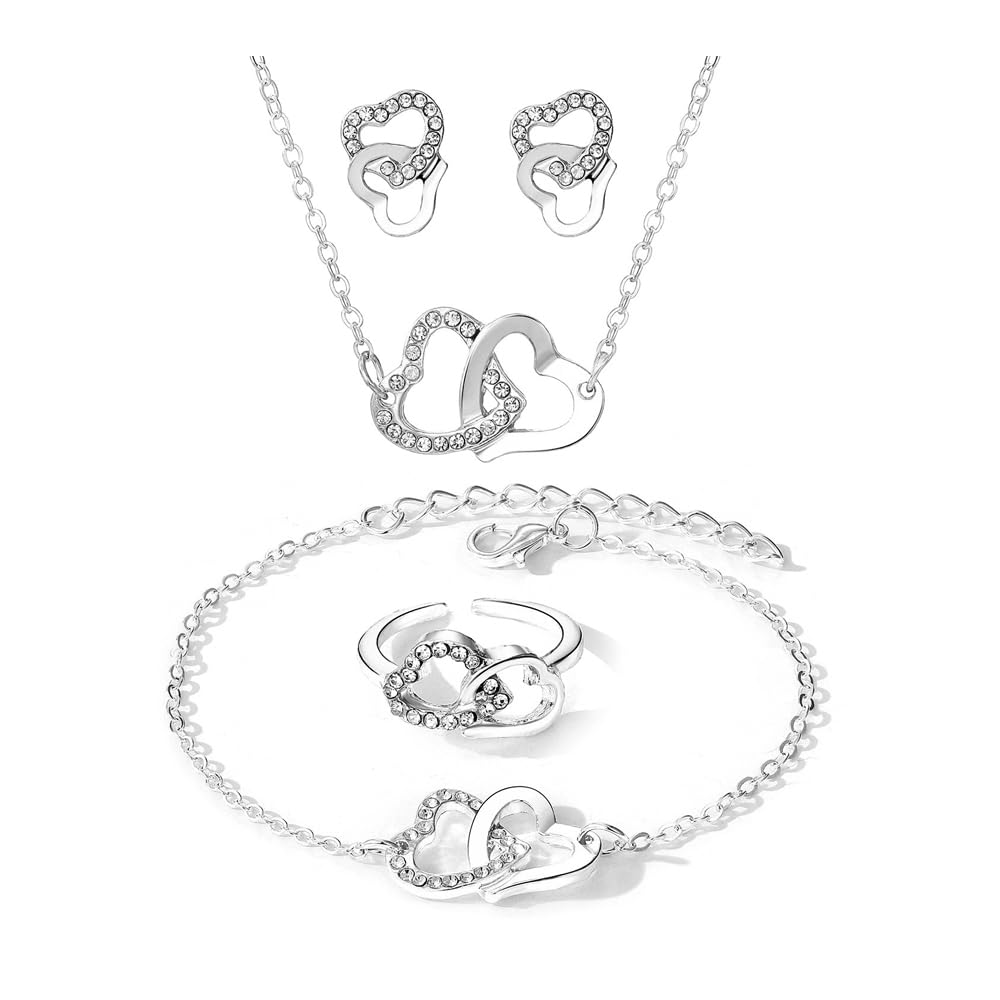 HSAJS Conjuntos de Joyas para Mujer Doble Corazon Colgante Juegos de joyas Corazón Cristal Collar Pulsera Pendientes Anillo 4 Pcs Set Boda Fiesta Cumpleaños Día de San Valentín Regalos