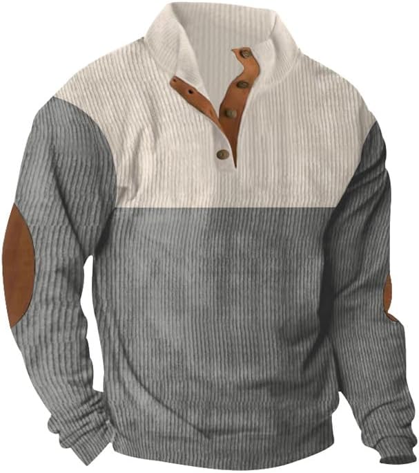 Men Corduroy Sweatshirt Stand Collar Quarter Button Vintage Patchwork Casual Long Sleeve Pullover Sweatshirts