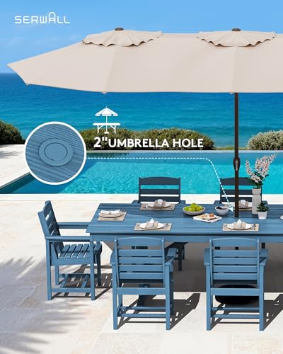 Image of SERWALL Outdoor 84 inch HDPE Dining Table with Umbrella Hole for 6-8, Blue | 9-piece HDPE 84 inch dining table, Ideal for Outdoor Gathering