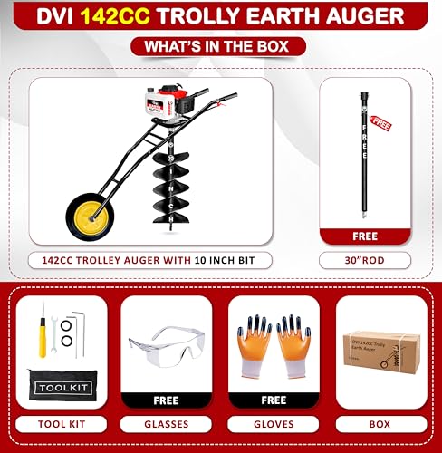 Image of DVI 142CC Trolley Earth Auger Machine, 4-Stroke Petrol Engine - with 10 Inch Double Spiral Planter Bits & Free Extension Rod | for Plantation, Fencing & Post Hole Digging in All Soil Types.
