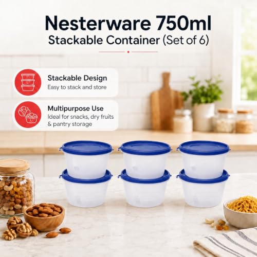 Image of Cutting EDGE Nesterware 750ml Stackable Container (Set of 6, Dark Blue) | BPA-free plastic, stackable design, leak-proof, kitchen storage, pantry, fridge, meal prep, reusable, travel use